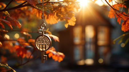 A key hanging from a tree in front of a houseの素材