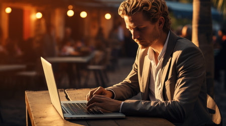A man sitting at a table using a laptop computerの素材