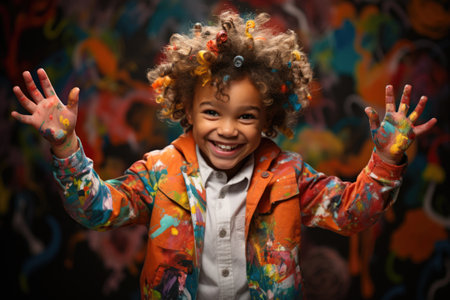 A little girl with her hands in the air, finger painting activity.の素材