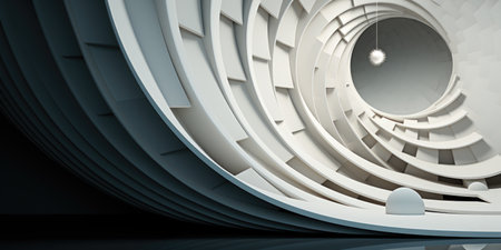 A spiral staircase in a building with a reflection on the floor.の素材