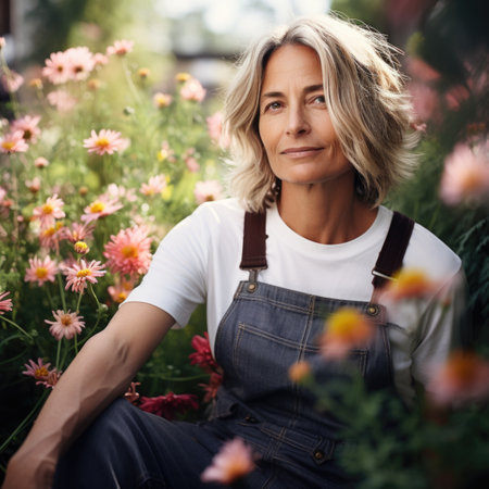 A woman sitting in a field of flowers, middle-aged gardener.の素材