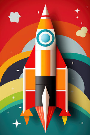 A colorful rocket flying through the sky with a rainbow in the background, vibrant pop art image.の素材