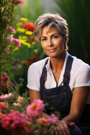A woman sitting in front of a bunch of flowers, middle-aged gardener.の素材