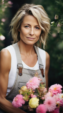 A woman in overalls holding a bunch of flowers, middle-aged gardener.の素材