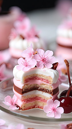 A piece of cake on a plate with cherry blossoms, spring petit four cakes.の素材