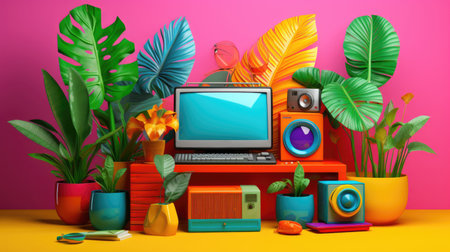 A computer sitting on top of a desk next to potted plants, vibrant pop art image.の素材