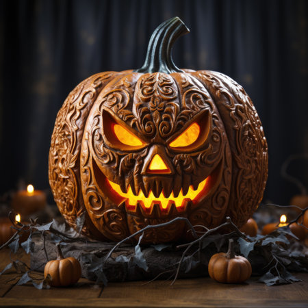 A carved pumpkin sitting on top of a tableの素材
