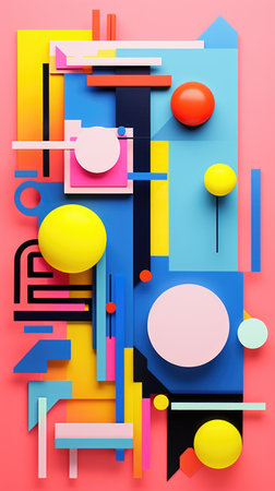 A colorful abstract painting with a variety of objects, vibrant pop art image.の素材