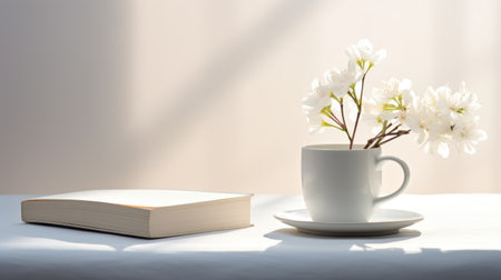 A cup of coffee and a book on a tableの素材