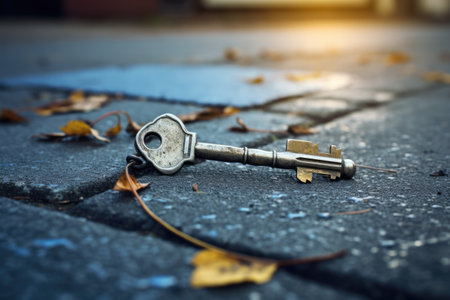 A key laying on the ground with leaves on the ground, emotional image of a lost lonely keyの素材