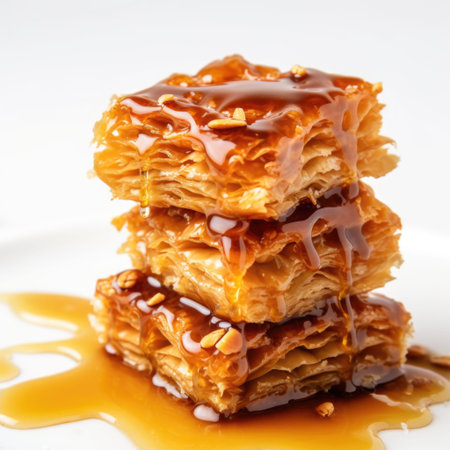 A stack of honey drizzled baklava. Photorealistic, on white backgroundの素材
