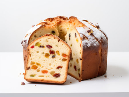 A loaf of fruit cake with a bite taken out of it, art project in primary school, on white backgroundの素材