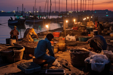 Fishermen sorting out and selling fish by a shore at dawnの素材