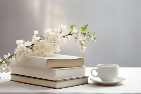 A stack of books sitting on top of a table next to a cup of coffeeの素材