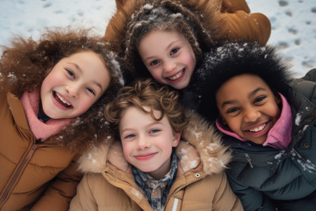 A group of children laying on top of each other in the snowの素材