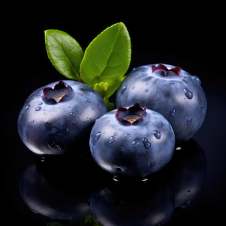 Three blueberries with water droplets on a black surfaceの素材