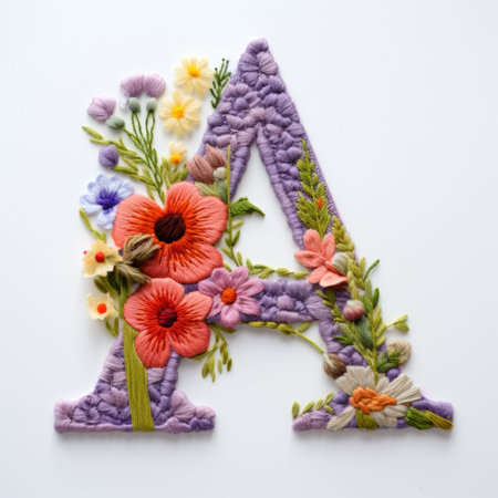 A close up of a letter with flowers on it, embroidery effect, floral design.の素材