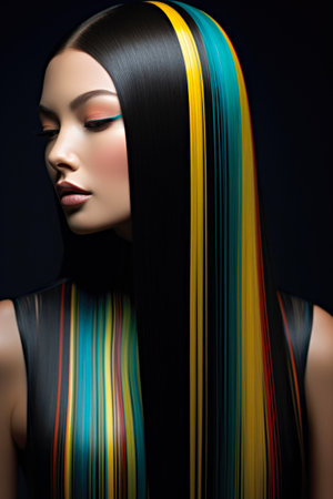 A woman with long black hair and colorful hair, yellow and cyan straight hairの素材
