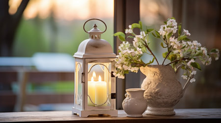 A white lantern sitting on top of a table next to a vase of flowersの素材