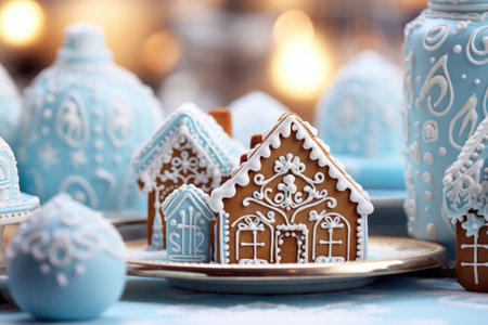 A table topped with blue and white decorated gingerbreadsの素材