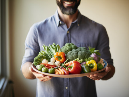 A man holding a plate full of vegetablesの素材