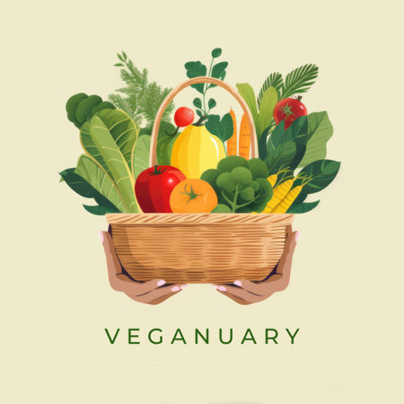 A person holding a basket full of vegetables, Veganuary, vegan January.の素材