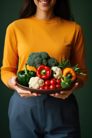 A woman is holding a plate of vegetables, Veganuary, vegan January.の素材