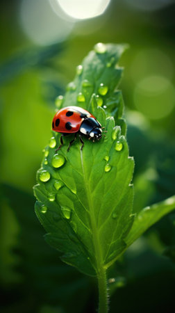 A ladybug sitting on top of a green leafの素材
