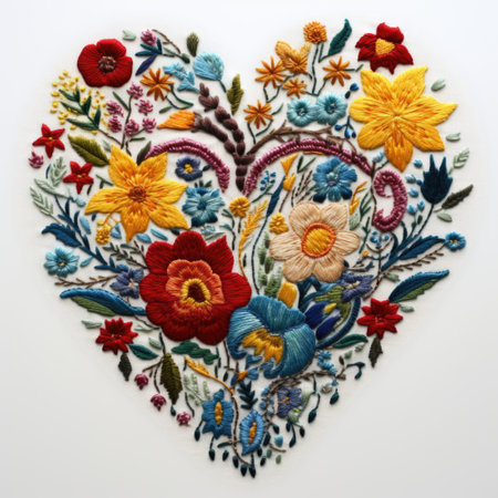 A heart - shaped piece of embroidery with flowers on it, embroidery effect on white backround.の素材