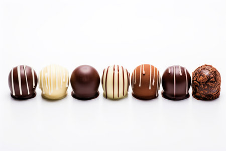 A row of assorted chocolates on a white surface, art project in primary school, on white backgroundの素材