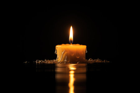 A lit candle sitting on top of a tableの素材