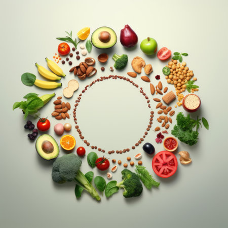 A circle of fruits and vegetables arranged in a circle, Veganuary, vegan January.の素材