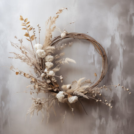 A wreath of dried flowers and plants on a wallの素材