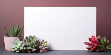 Two succulents and a blank paper on a tableの素材