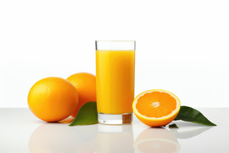 A glass of orange juice next to two orangesの素材