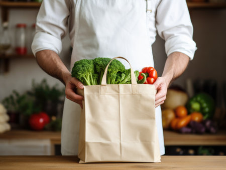 A man holding a paper bag full of vegetables, Veganuary, vegan January.の素材
