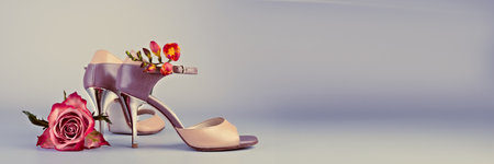 Stiletto tango shoes and flowers, panoramic banner image.の写真素材