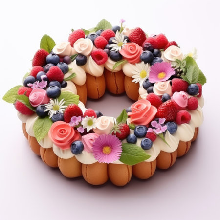 A cake decorated with flowers and berries on a white surfaceの素材