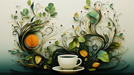 A painting of a cup of coffee with a green background and oranges in the background.の素材