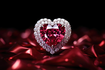 A red heart shaped diamond surrounded by pearlsの素材