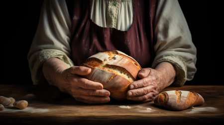 A man holding a loaf of bread in his handsの素材