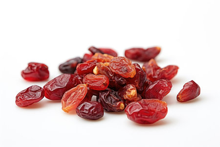 A pile of dried raisins on a white surfaceの素材