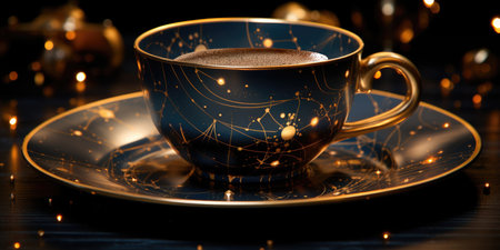 A cup and saucer sitting on top of a table. Caffeine constellations.の素材