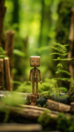 A small wooden figure standing in a forestの素材