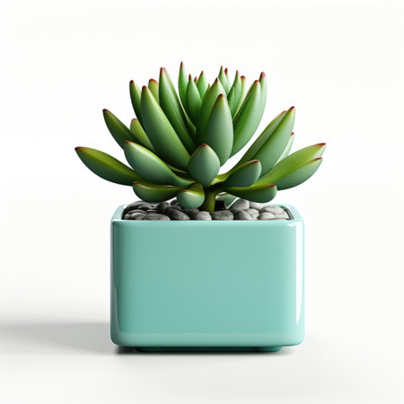 A small green plant in a blue pot, succulent plants in ceramic pot.の素材