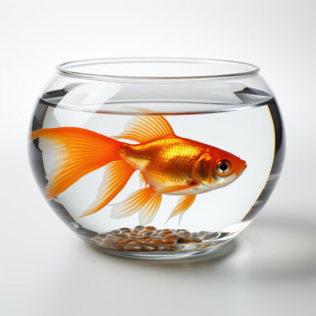 A goldfish in a bowl of water on a white surfaceの素材