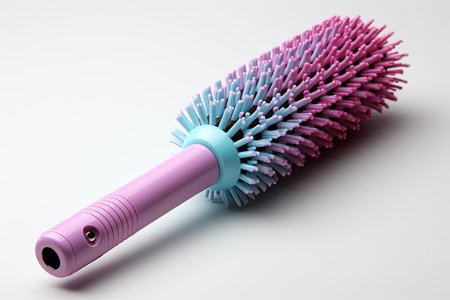 A pink and blue brush on a white surface, realistic hair brush.の素材