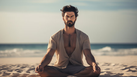 A man sitting in a yoga pose on the beach, yoga meditation outdoors.の素材