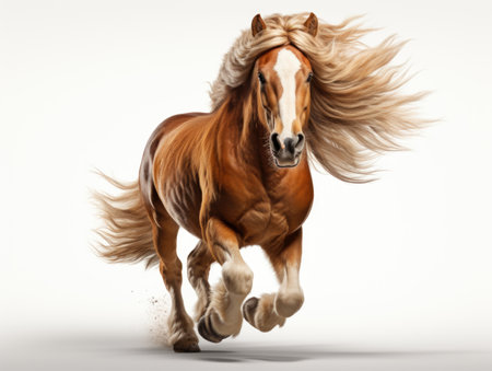 A brown horse with a long mane running, clipart on white backgroundの素材