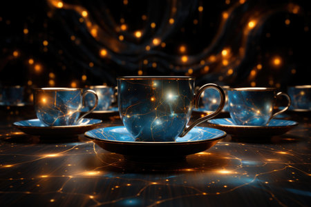 A group of coffee cups sitting on top of a table. Caffeine constellations.の素材